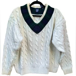 Vintage GAP Vneck Cable Pullover Sweater Navy Blue & Green Plaid Trim Size L